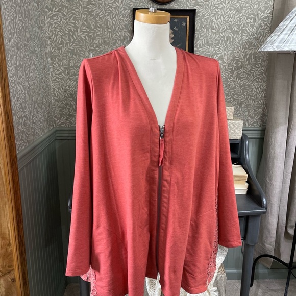 LOGO Lounge by Lori Goldstein Coral Lace Back Knit Sweatshirt Cardigan - Picture 2 of 8